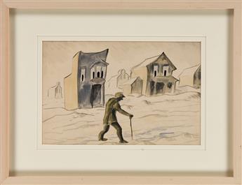 CHARLES BURCHFIELD Man Walking with a Cane outside Gazing Houses.